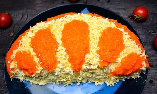 Салат «Долька апельсина»
Салат получается очень сытным, он станет ярким украшением Вашего праздничного стола.
Ингредиенты:
Куриное филе – 500 г
Картофель – 4 шт.
Морковь – 2 шт.
Лук репчатый – 2 шт.
Сыр твердый – 150 г
Майонез, соль

Приготовление:
Заранее необходимо отварить такие ингредиенты как две моркови, несколько картошек, 500 г куриного филе и очистить два репчатых лука. Также нам потребуется 150 г твердого сыра.

Куриное филе нарезаем мелком кубиком или можете разобрать на волокна. Измельчаем репчатый лук. Каждый из ингредиентов необходимо класть на отдельные тарелочки. Картофель натираем на крупной терке, мне понадобилось его 4 штуки. Две отварные морковки натираем на мелкой терке. 150 г твердого сыра также натираем на мелкой терке.
Из этих ингредиентов буду формировать две тарелки салата. На тарелку выдавливаем немного майонеза и размазываем. Делаем это для того, чтобы нижний картофельный слой не был сухим.
Кладем картофель сразу в форме дольки. Присыпаем солью и смазываем майонезом.
Вторым слоем кладем измельченное куриное филе. Также посыпаем солью и смазываем майонезом.
Третьим слоем у нас будет репчатый лук. По бокам кладем морковь. Смазываем верхушку лука майонезом.
Присыпаем лук натертым сыром, стараемся это делать аккуратно что бы сыр не попадал на морковь.
Кладем сверху на сыр морковь в форме капелек.
Салат готов!
